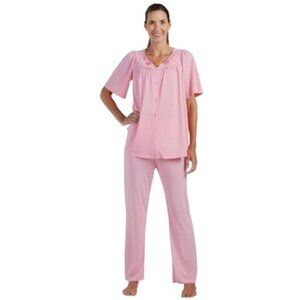 Miss Elaine Pajama Set Short Sleeve Embroidered Button Front Women's S